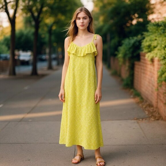 H&M chartreuse Geometric Print Sleeveless Maxi Dress | Ruffled Neckline | Size M - Picture 1 of 11